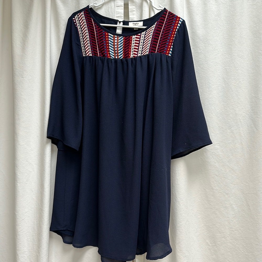 Hayden Los Angeles navy blue dress with red, blue, orange design at top. Large